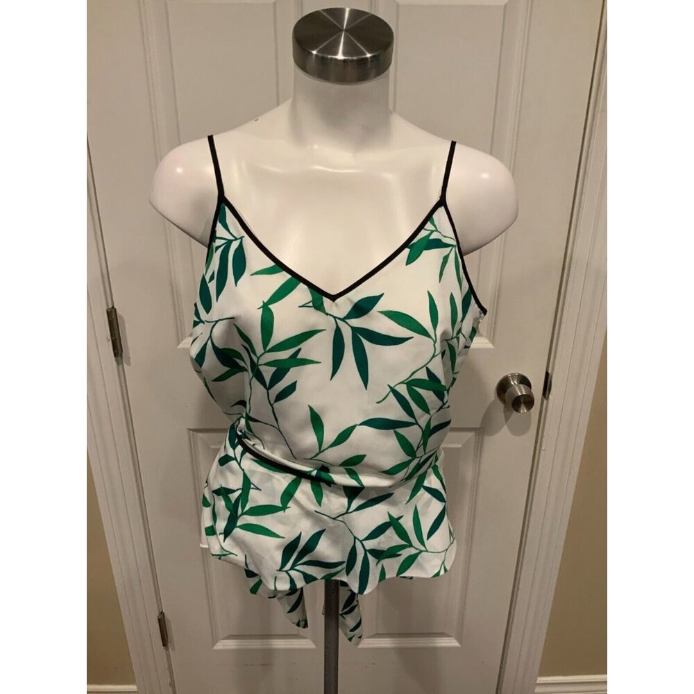 Caroline Constas White & Green Leaf Silk Wrap Top w/ Tie Size Large